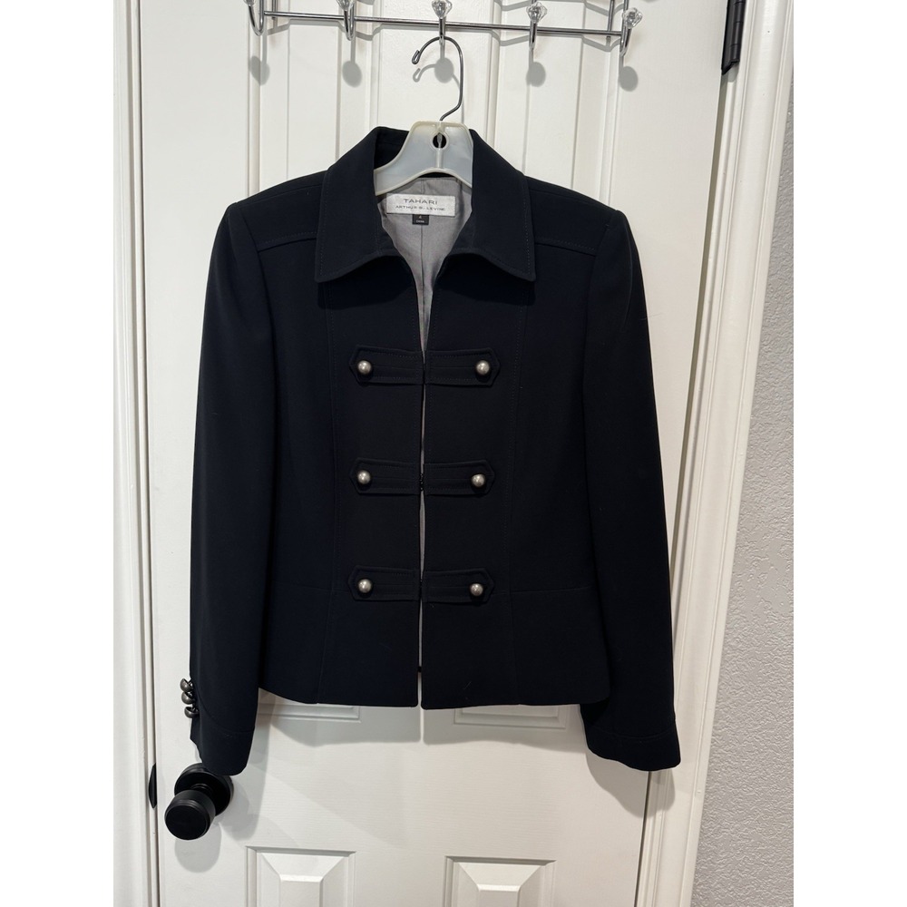 Tahari Military Jacket Wool Darkest Navy Blue Steampunk 4 Small